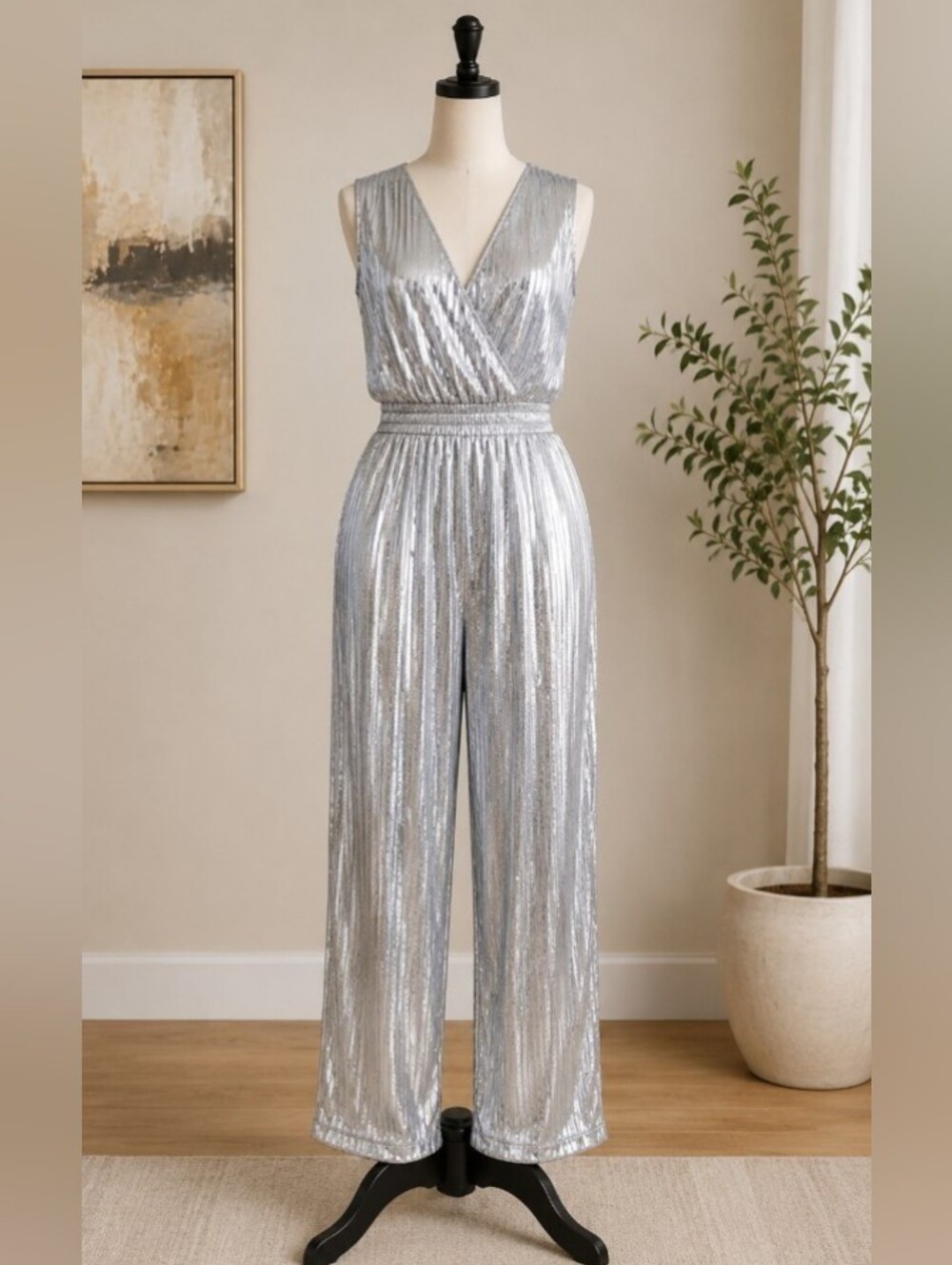 Envogue Silver Metallic Pleated V-Neck Jumpsuit